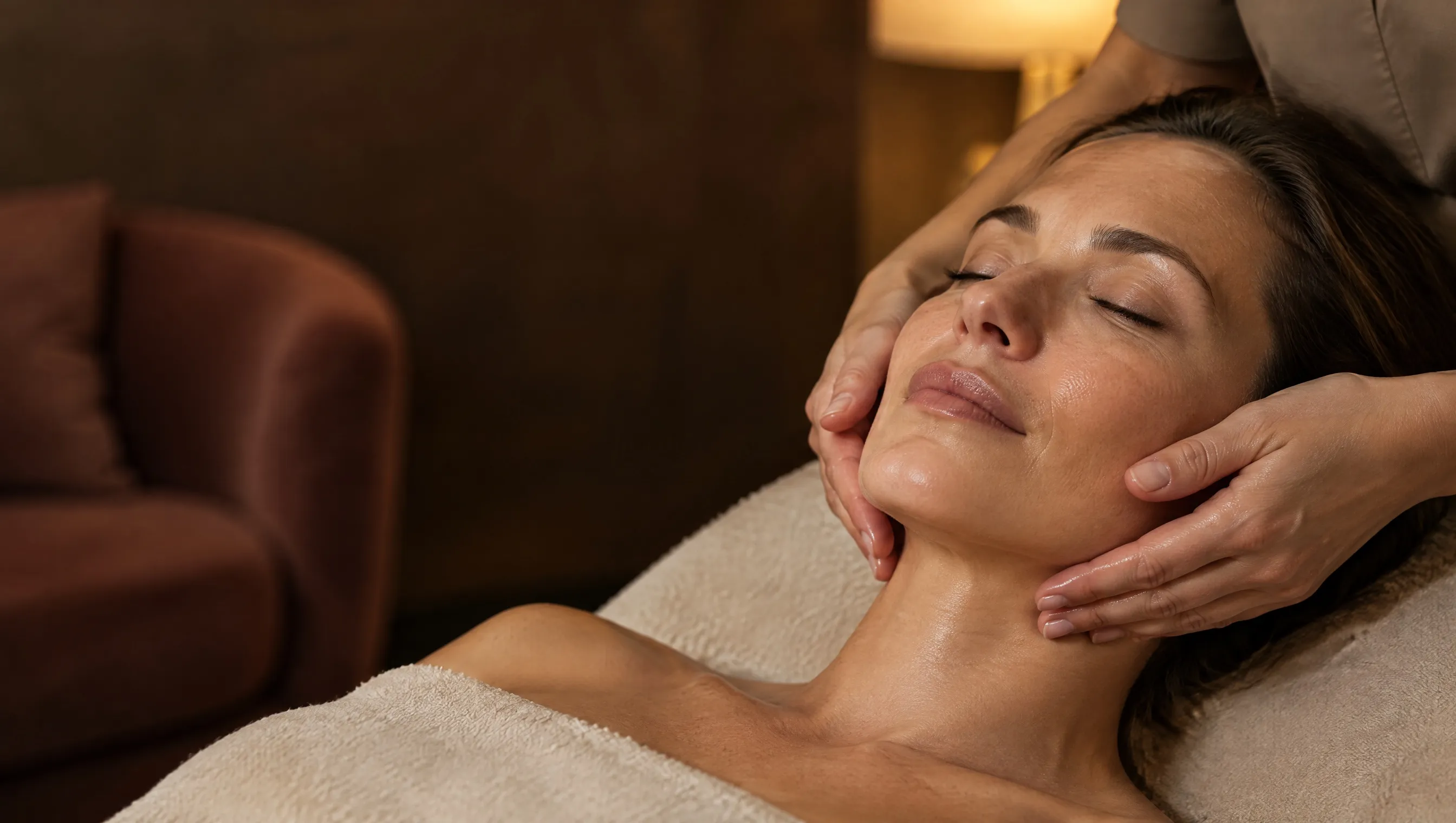 Gesichtsmassage mit beiden Händen im warm beleuchteten Behandlungsraum