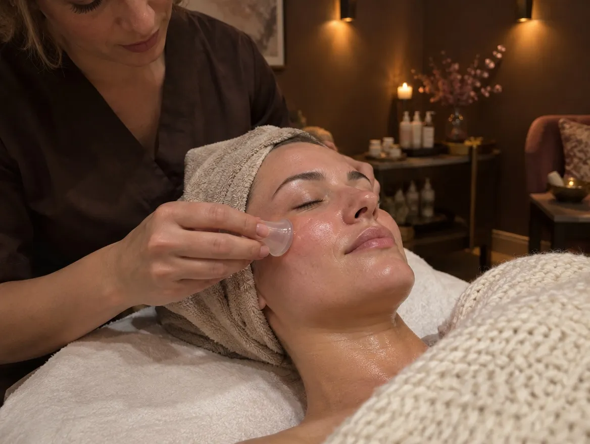 Gesichtsbehandlung mit einem kühlen Massage-Werkzeug